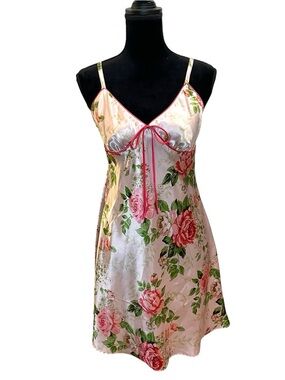 Adonna Y2K-era Slip Dress Pink Floral Satin Chemise with Rose Print